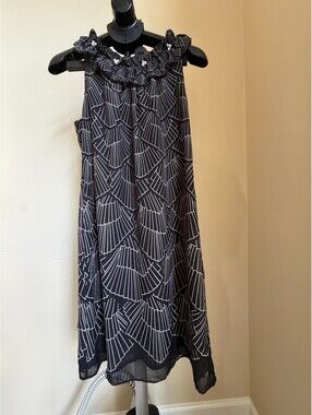 Danny & Nicole Women's A Line Dress Geometric Ruffle Beaded Zip Size 10 Black
